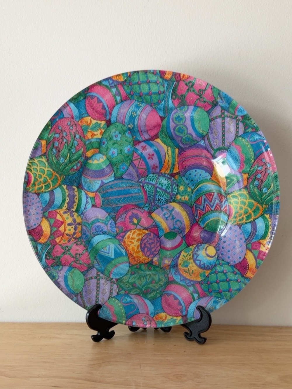 Vintage VIP Cranston Print Works Easter Egg Fabric Decoupage Glass Plate 10"